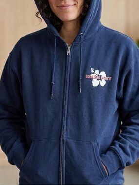 Like New! Trader Joe’s cotton hibiscus, navy blue zip up hoodie size large